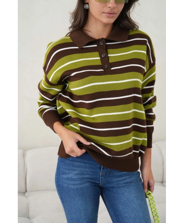 Kadın Retro Şeritli Polo Yaka Kadın Triko Kazak – Haki Yeşil & Kahverengi