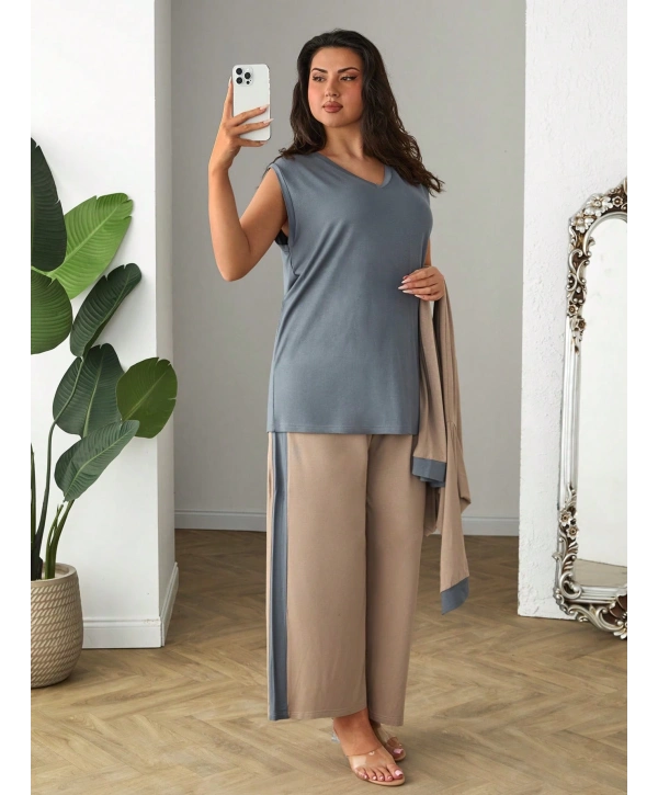 Büyük Beden 3LÜ Uzun Kol Hırka Atlet Alt Şeritli Viskon Takım