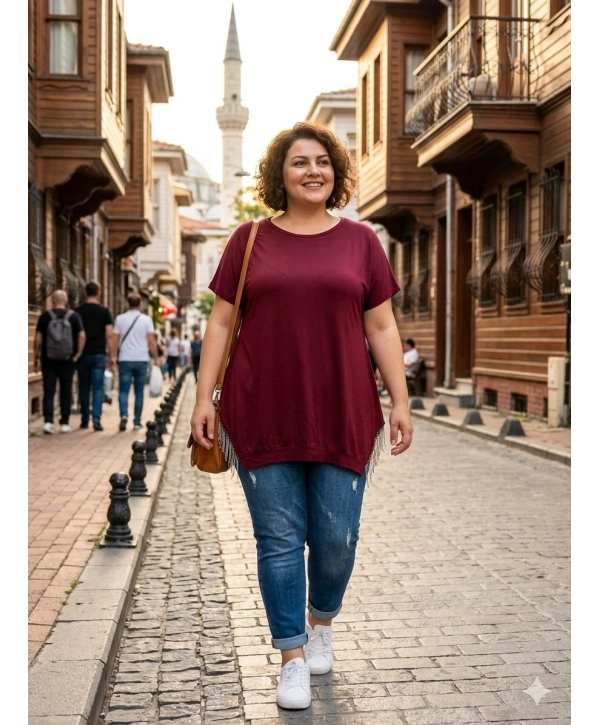 Büyük Beden Alt Püsküllü Bordo Tunik