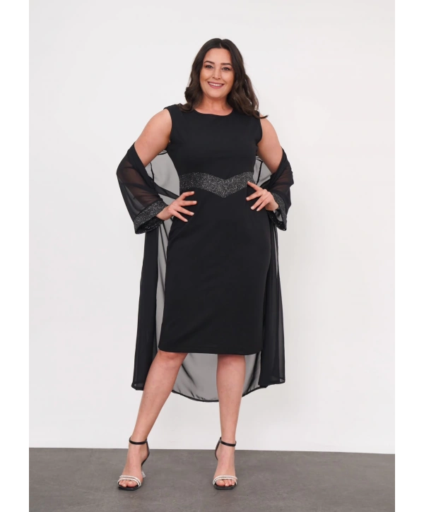 Büyük Beden Bisiklet Kol Detaylı Midi Boy İkili Abiye Elbise