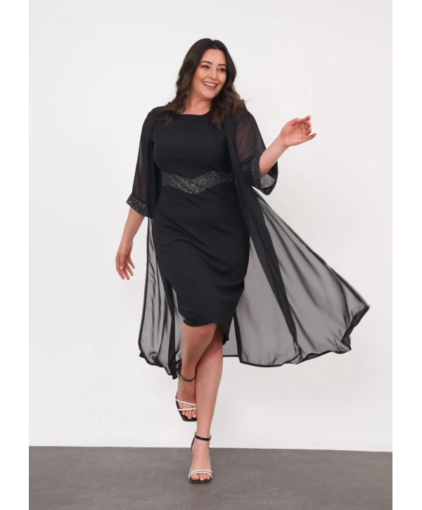 Büyük Beden Bisiklet Kol Detaylı Midi Boy İkili Abiye Elbise