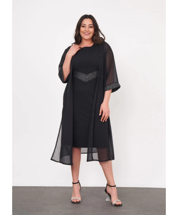 Büyük Beden Bisiklet Kol Detaylı Midi Boy İkili Abiye Elbise