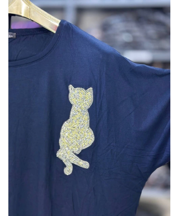 Büyük Beden Kedi Taşlı Bluz