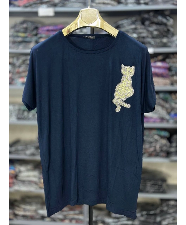 Büyük Beden Kedi Taşlı Bluz