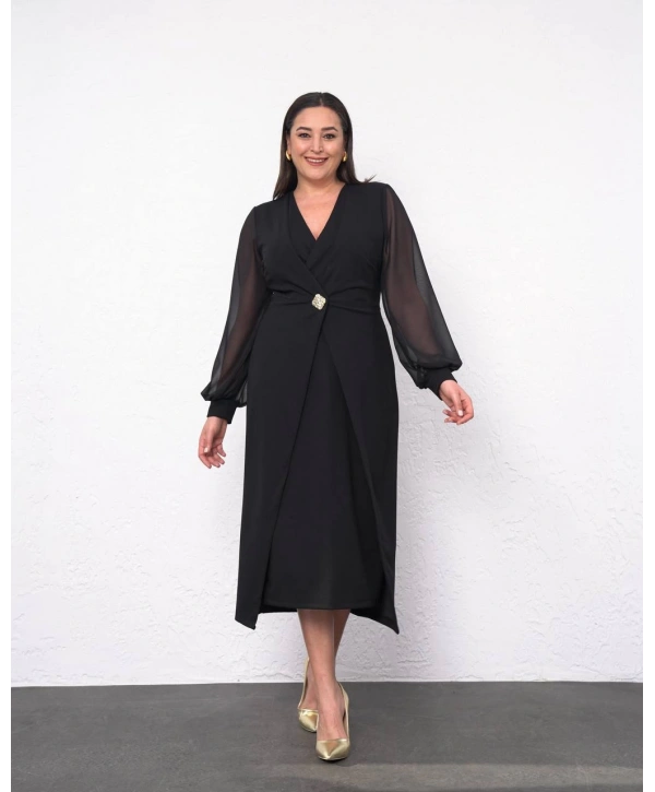 Büyük Beden Kol Tüllü Yaka Ve Taş Detaylı Uzun Kol Abiye Elbise