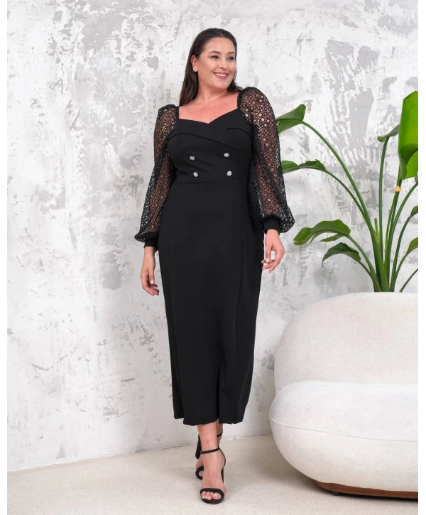 Büyük Beden Kol Ve Yaka Detaylı Yırtmaçlı Abiye Elbise