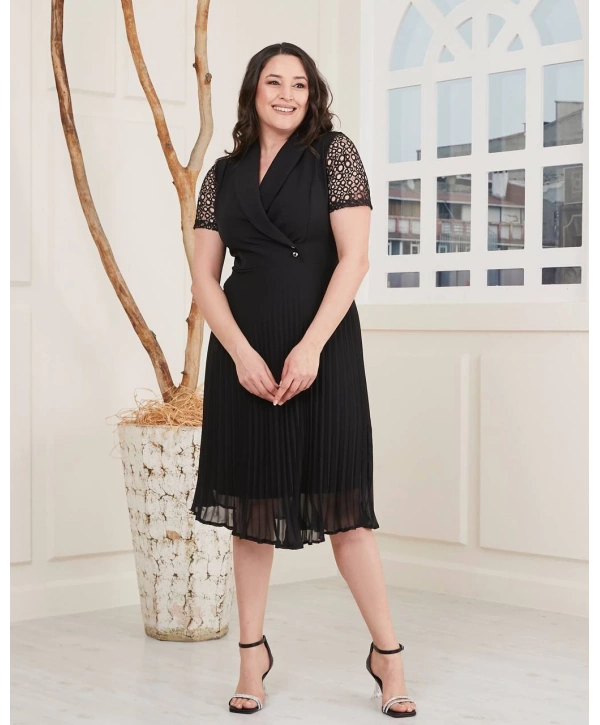 Büyük Beden Kol Ve Etek Detaylı Kruvaze Yaka Midi Boy Abiye Elbise