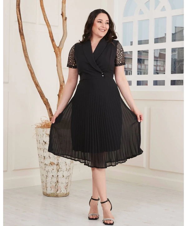 Büyük Beden Kol Ve Etek Detaylı Kruvaze Yaka Midi Boy Abiye Elbise