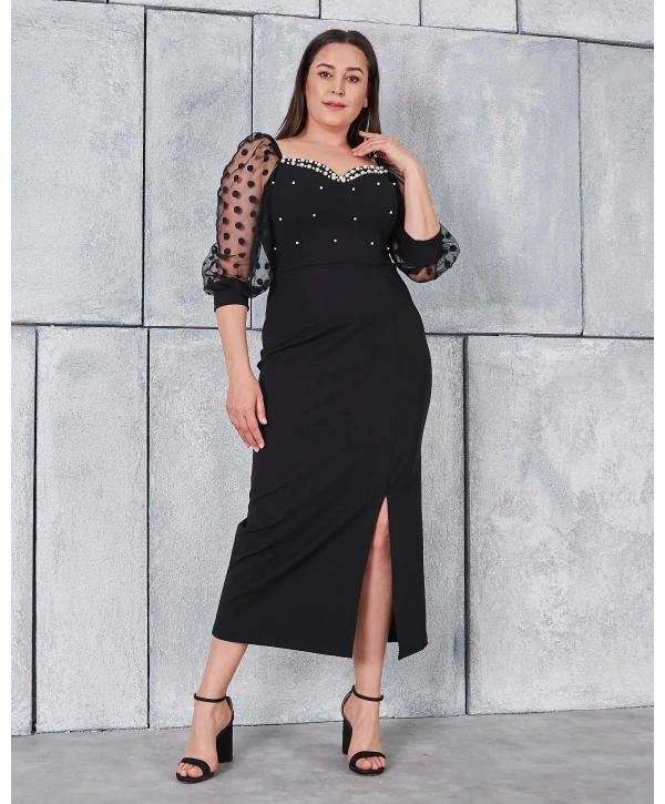 Büyük Beden Kol Ve Yaka Detaylı Yırtmaçlı İncili Abiye Elbise