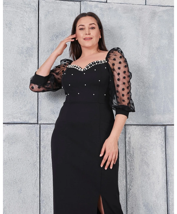 Büyük Beden Kol Ve Yaka Detaylı Yırtmaçlı İncili Abiye Elbise