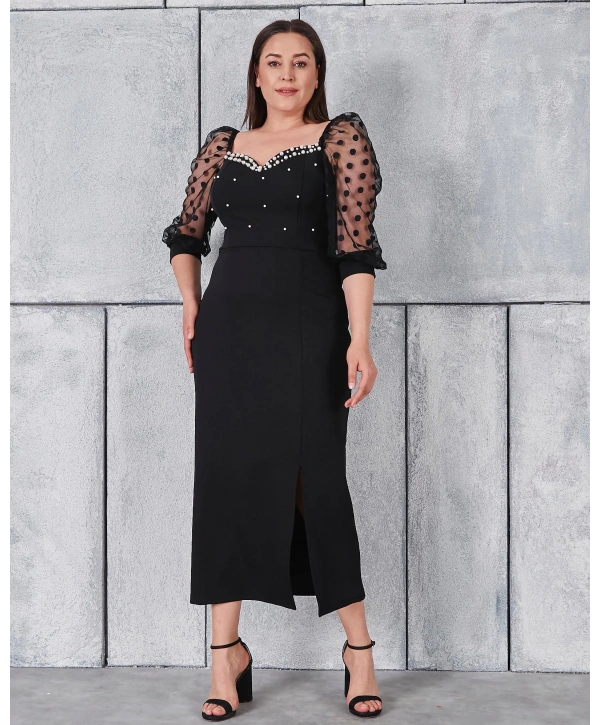 Büyük Beden Kol Ve Yaka Detaylı Yırtmaçlı İncili Abiye Elbise