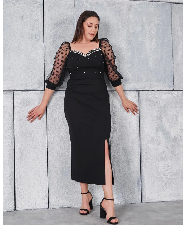 Büyük Beden Kol Ve Yaka Detaylı Yırtmaçlı İncili Abiye Elbise