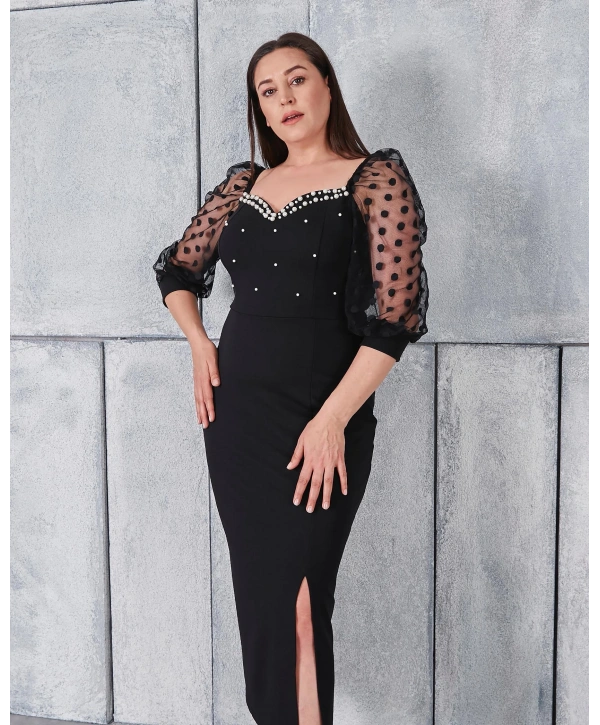 Büyük Beden Kol Ve Yaka Detaylı Yırtmaçlı İncili Abiye Elbise