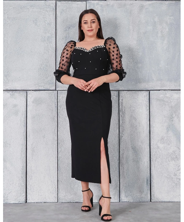 Büyük Beden Kol Ve Yaka Detaylı Yırtmaçlı İncili Abiye Elbise