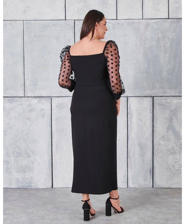 Büyük Beden Kol Ve Yaka Detaylı Yırtmaçlı İncili Abiye Elbise