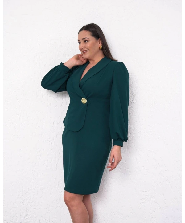 Büyük Beden Kruvaze Yaka Detaylı Uzun Kol Midi Boy Abiye Elbise