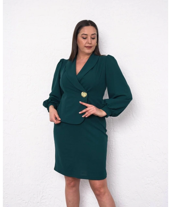 Büyük Beden Kruvaze Yaka Detaylı Uzun Kol Midi Boy Abiye Elbise