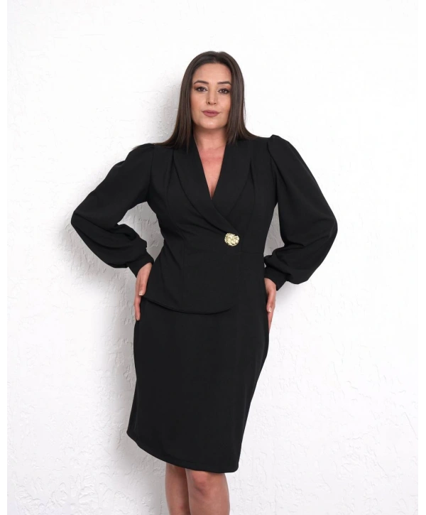 Büyük Beden Kruvaze Yaka Detaylı Uzun Kol Midi Boy Abiye Elbise