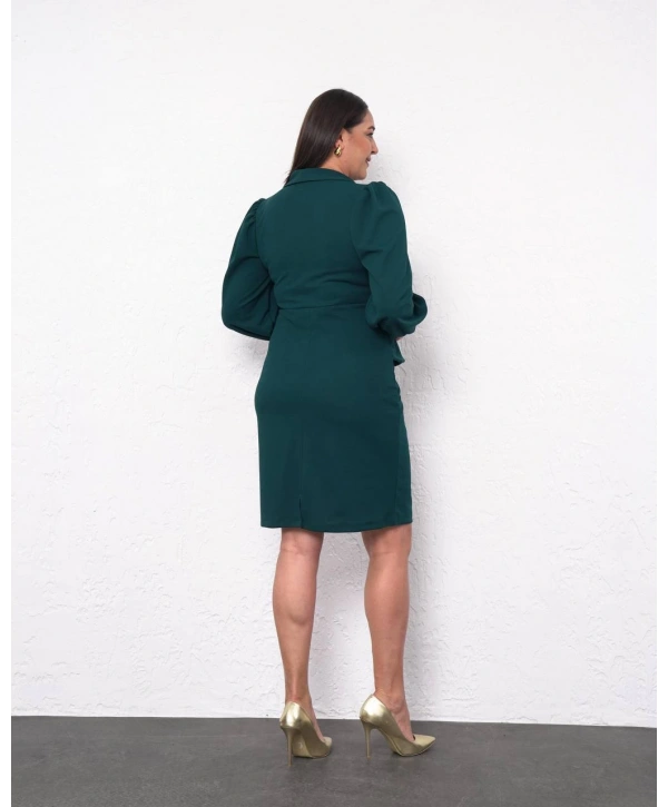 Büyük Beden Kruvaze Yaka Detaylı Uzun Kol Midi Boy Abiye Elbise