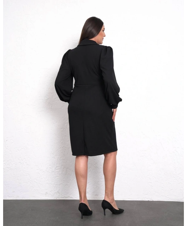 Büyük Beden Kruvaze Yaka Detaylı Uzun Kol Midi Boy Abiye Elbise