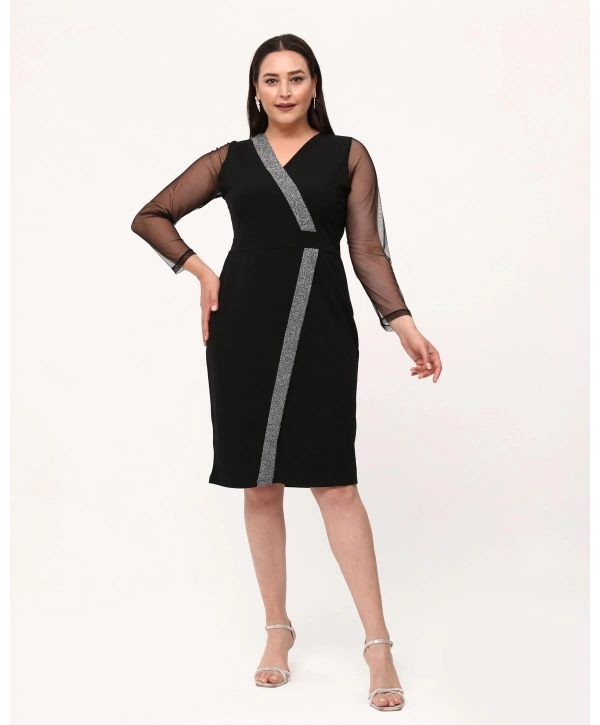 Büyük Beden Kruvaze Yaka Sim Detaylı Kol Tüllü Midi Boy Abiye Elbise