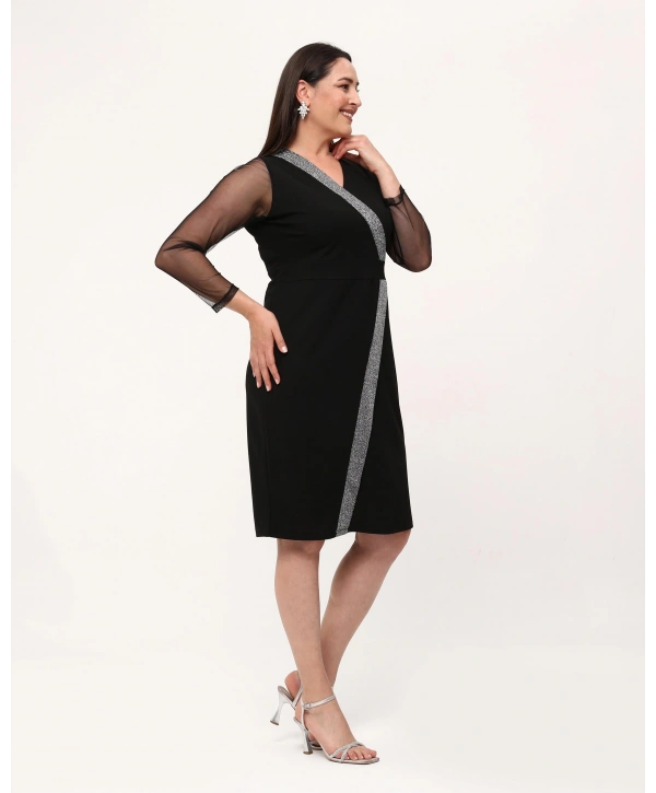 Büyük Beden Kruvaze Yaka Sim Detaylı Kol Tüllü Midi Boy Abiye Elbise