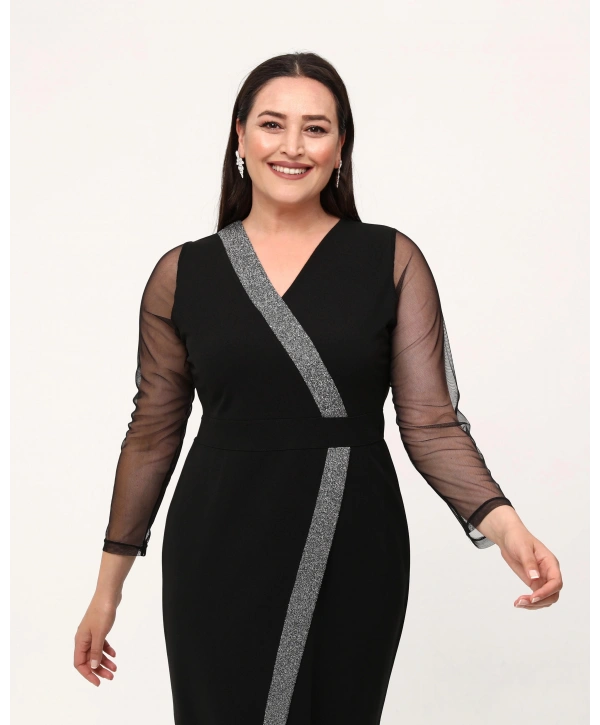 Büyük Beden Kruvaze Yaka Sim Detaylı Kol Tüllü Midi Boy Abiye Elbise