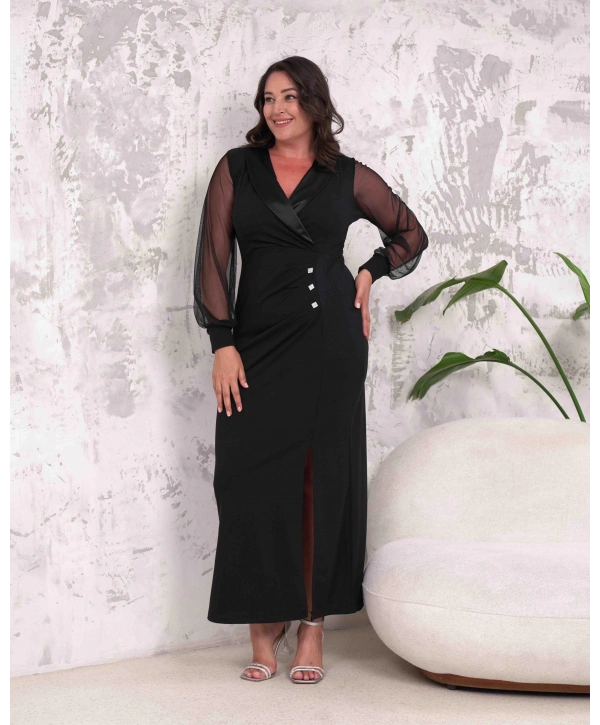 Büyük Beden Kruvaze Yaka Yırtmaçlı Kol Tüllü Düğmeli Tam Boy Abiye Elbise