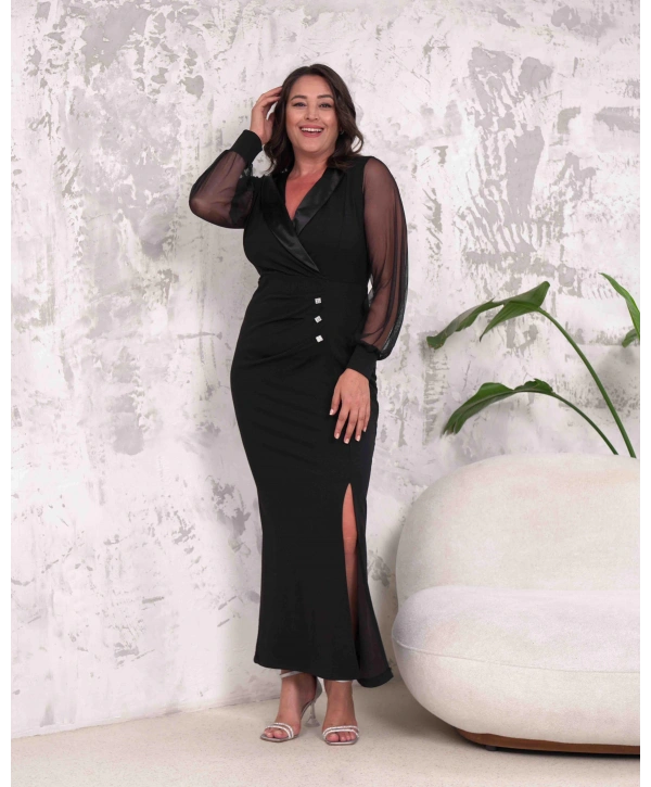 Büyük Beden Kruvaze Yaka Yırtmaçlı Kol Tüllü Düğmeli Tam Boy Abiye Elbise