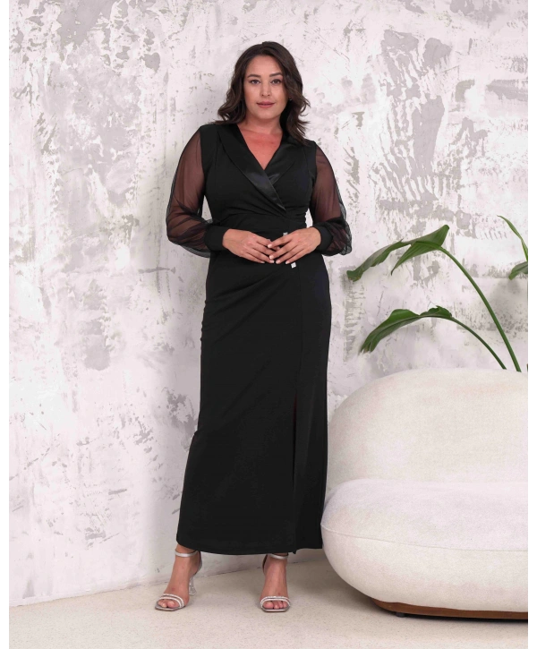 Büyük Beden Kruvaze Yaka Yırtmaçlı Kol Tüllü Düğmeli Tam Boy Abiye Elbise