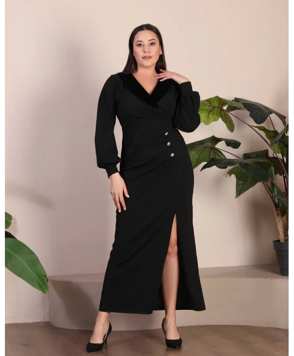 Büyük Beden Kruvaze Yaka Yırtmaçlı Uzun Kol Düğmeli Tam Boy Abiye Elbise