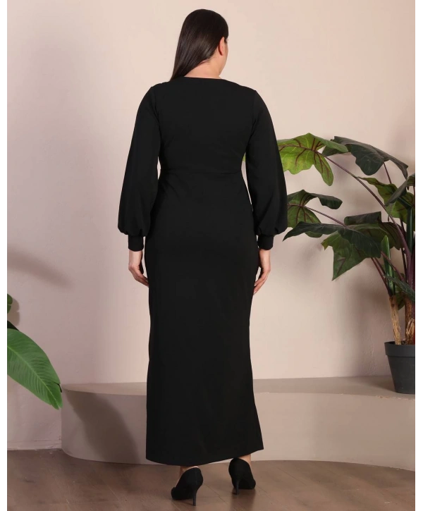 Büyük Beden Kruvaze Yaka Yırtmaçlı Uzun Kol Düğmeli Tam Boy Abiye Elbise