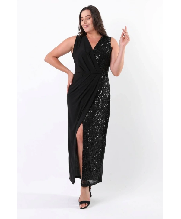 Büyük Beden Kruvaze Yaka Yırtmaçlı Yarım Pullu Tam Boy Abiye Elbise