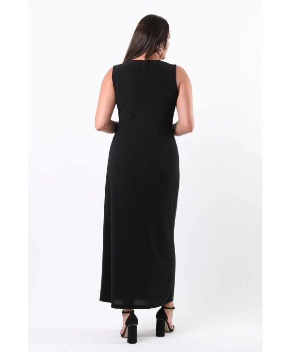 Büyük Beden Kruvaze Yaka Yırtmaçlı Yarım Pullu Tam Boy Abiye Elbise