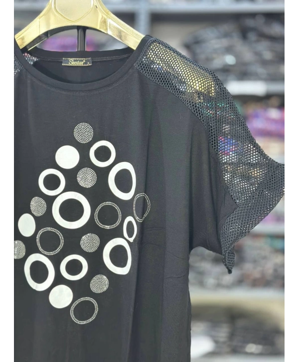 Büyük Beden Omuz Fileli Baskılı Bluz