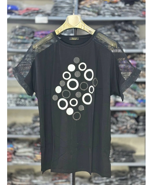 Büyük Beden Omuz Fileli Baskılı Bluz