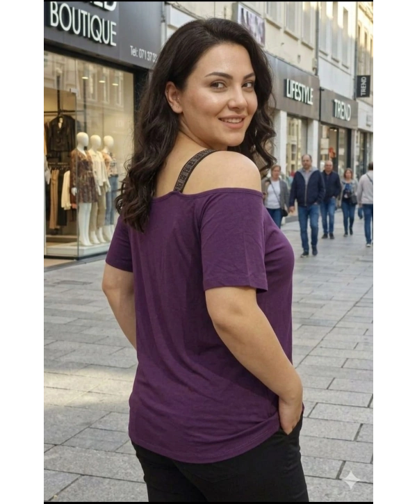 Büyük Beden Taşlı Askılı Mürdüm Bluz