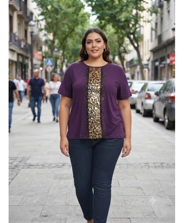 Büyük Beden Orta Leopar Şerit Mürdüm Bluz