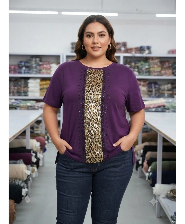 Büyük Beden Orta Leopar Şerit Mürdüm Bluz