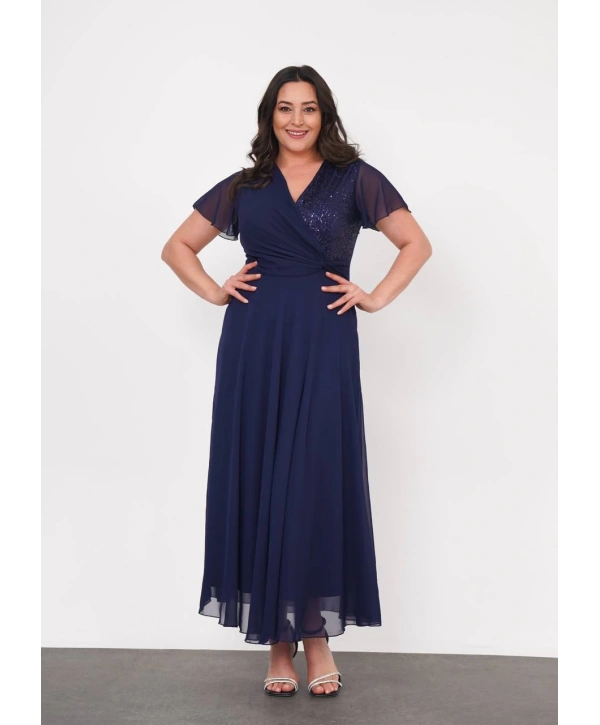 Büyük Beden Pul Detaylı Kruvaze Yaka Tüllü Şifon Kısa Kollu Abiye Elbise