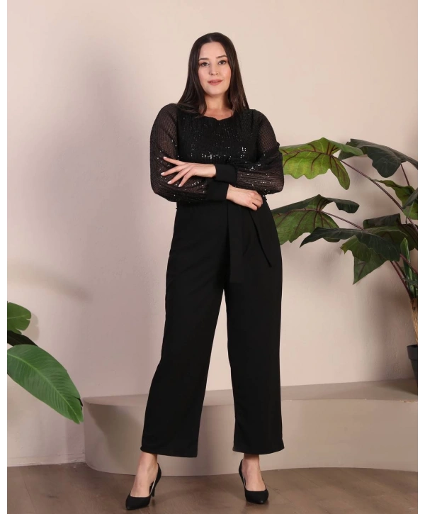 Büyük Beden Pul Payet Detaylı Bisiklet Yaka Kuşaklı Abiye Tulum