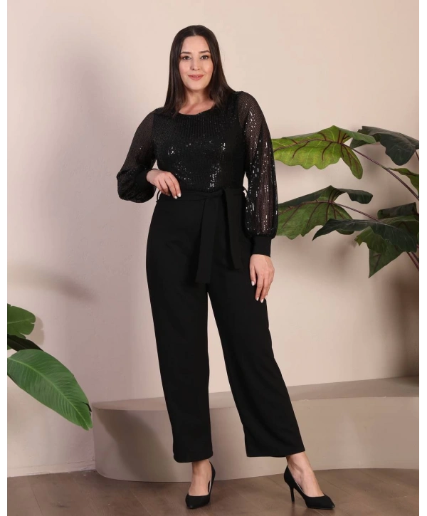 Büyük Beden Pul Payet Detaylı Bisiklet Yaka Kuşaklı Abiye Tulum