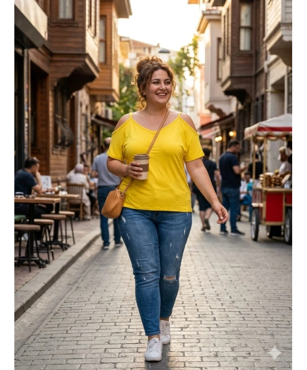 Büyük Beden Sarı Askılı Bluz