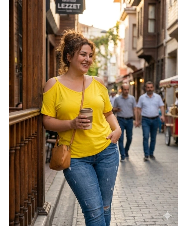 Büyük Beden Sarı Askılı Bluz