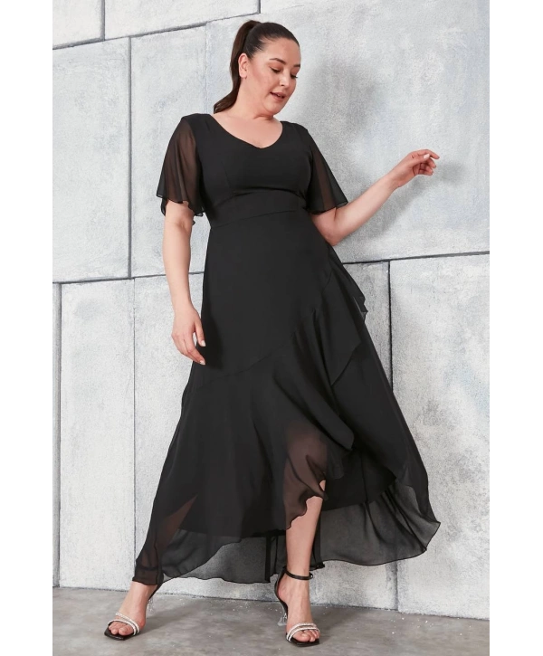 Büyük Beden Sırt Detaylı Tüllü Şifon Asimetrik Abiye Elbise