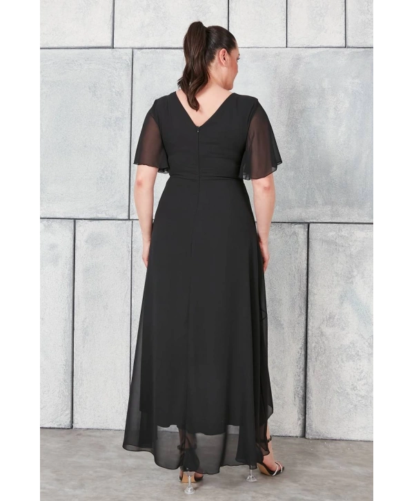 Büyük Beden Sırt Detaylı Tüllü Şifon Asimetrik Abiye Elbise