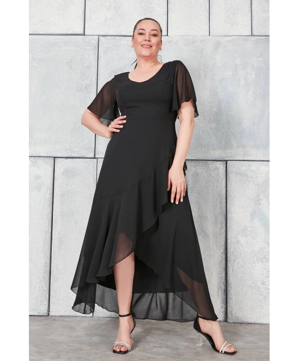 Büyük Beden Sırt Detaylı Tüllü Şifon Asimetrik Abiye Elbise
