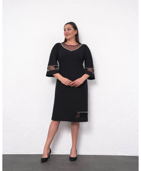 Büyük Beden Tül Ve Sim Detaylı 3/4 Kol Midi Boy Abiye Elbise