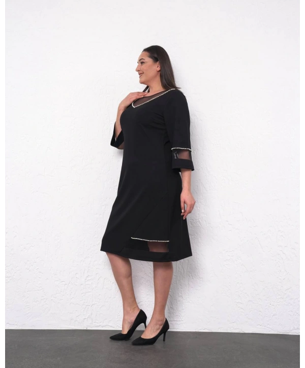 Büyük Beden Tül Ve Sim Detaylı 3/4 Kol Midi Boy Abiye Elbise