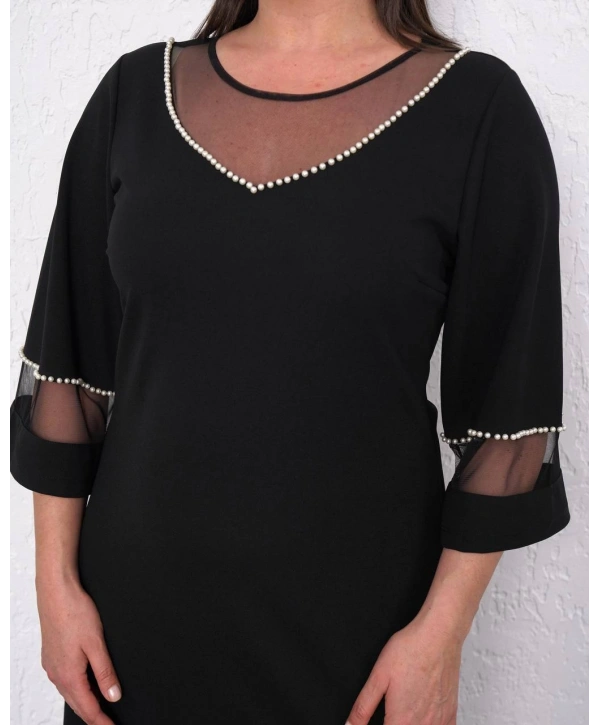 Büyük Beden Tül Ve Sim Detaylı 3/4 Kol Midi Boy Abiye Elbise